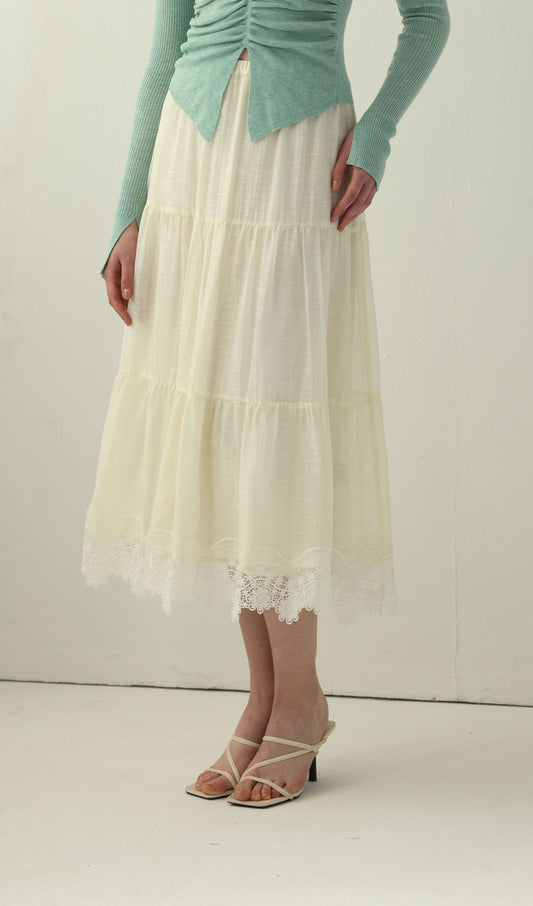 Long Sleeved Lace Panel Midi Skirt