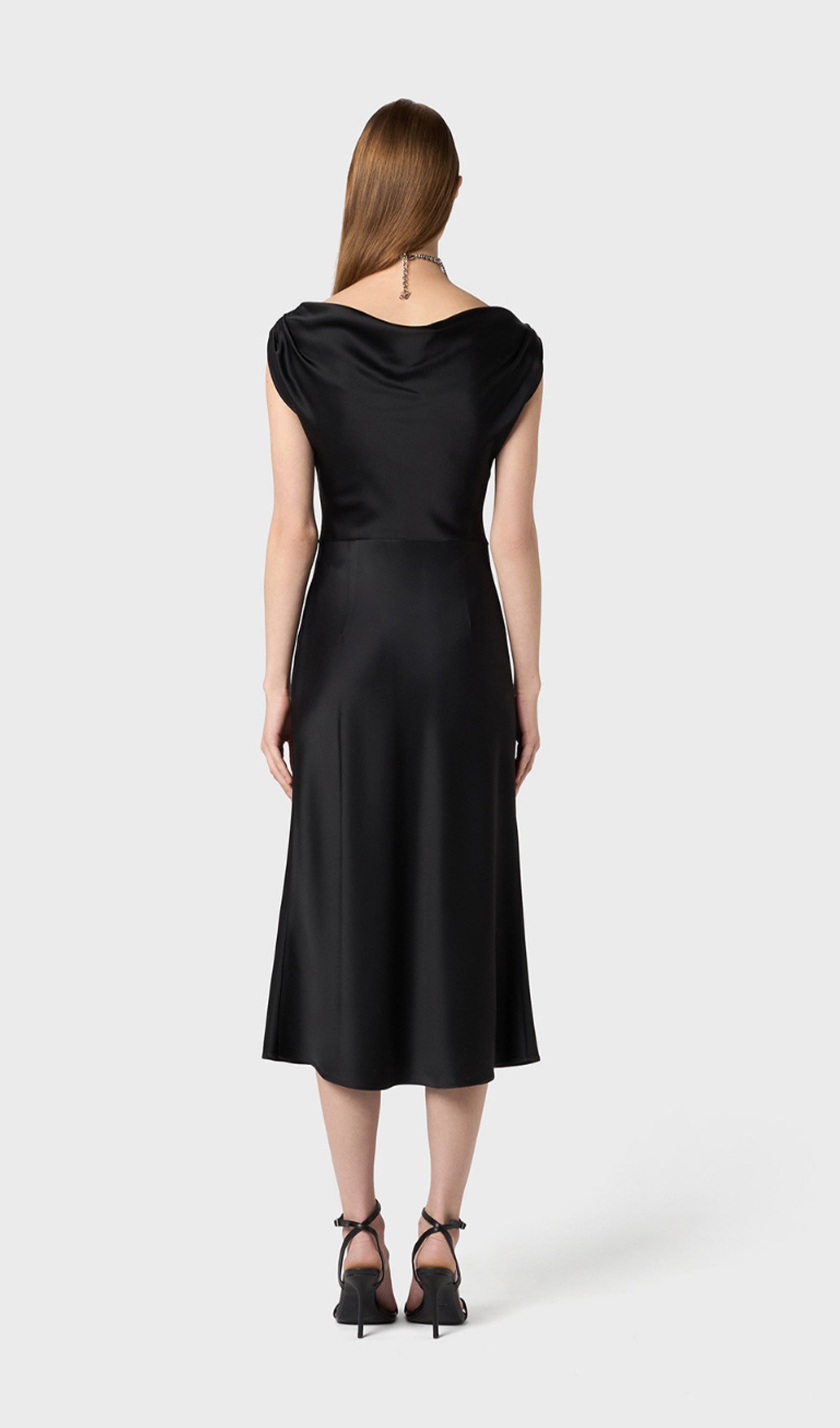 Shiny Satin With Draped Neckline Midi Dress
