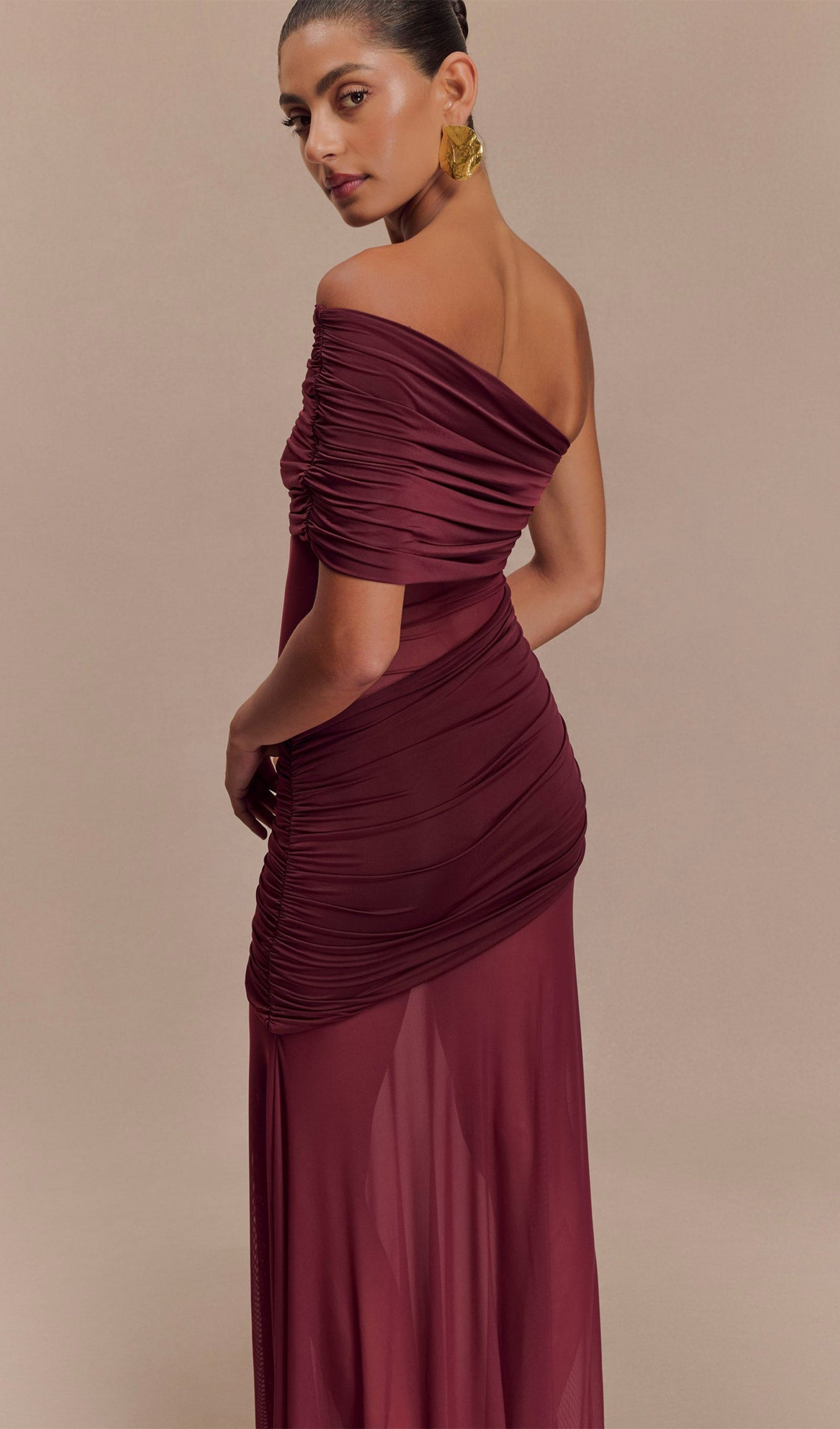 One Shoulder Mesh Maxi Dress