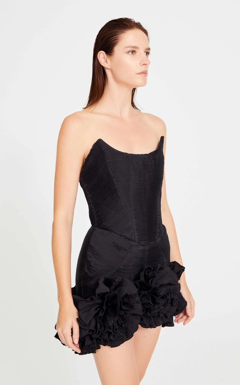 Black Mini Dress With Corset And Flower Details