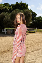 Crew-Neck Long-Sleeve Ruched-Hip Striped Mesh Resort Dress