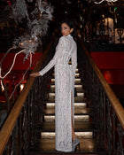 High-Neck Long-Sleeve Corset-Inspired White Lace Dress