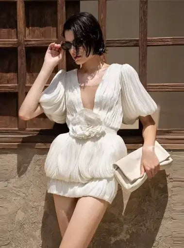 Mesh V-Neck Lantern-Sleeve Ruched Bubble Dress with 3D Floral Appliqué