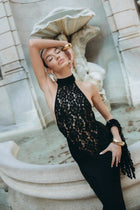 High-Neck Sleeveless Lace-Splicing Ruched-Waist Backless Bodycon Dress