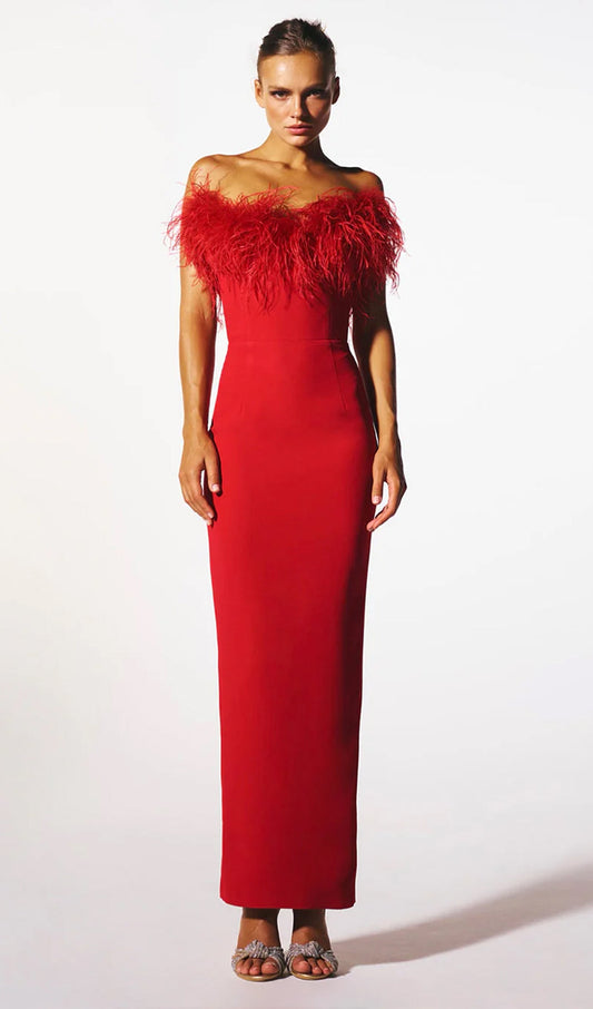 Lena Feather Trimmed Midi Dress Red
