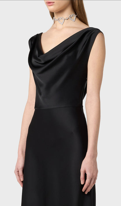 Shiny Satin With Draped Neckline Midi Dress