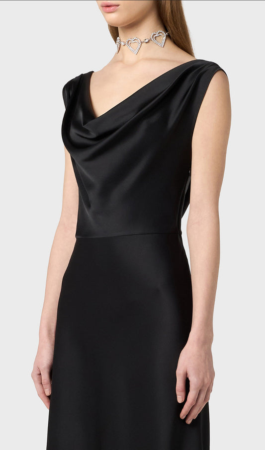 Shiny Satin With Draped Neckline Midi Dress