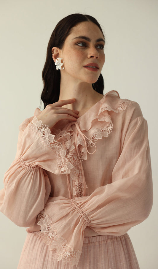 V Neck Lace Panel Ruffled Top