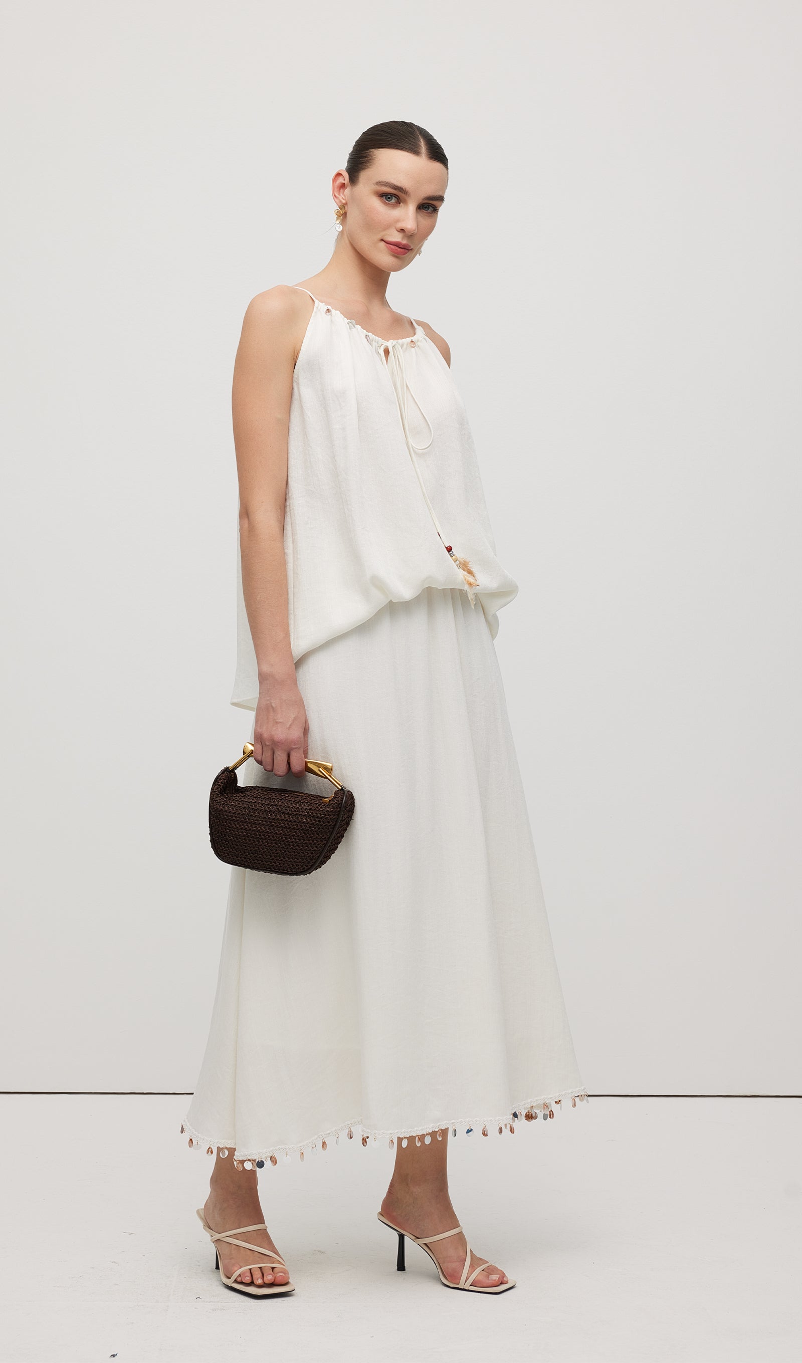 Cotton And Linen Lace Up Midi Skirt Sets