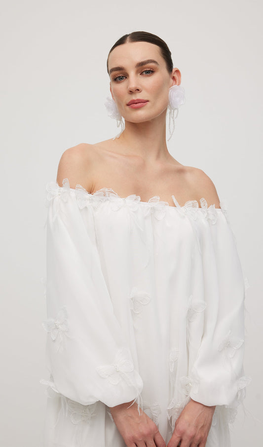 Off Shoulder With Butterfly Embellished Mini Dress