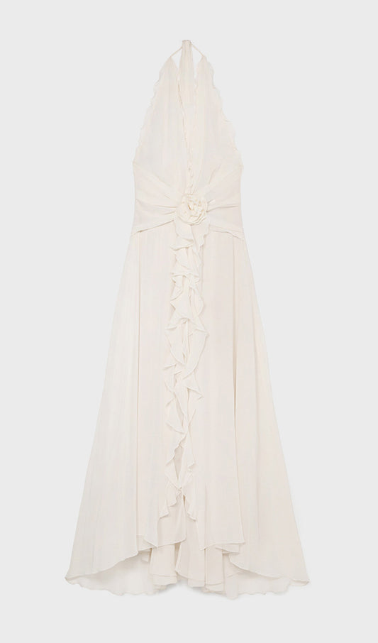 Halter Ruffles Rose Decoration Maxi Dress