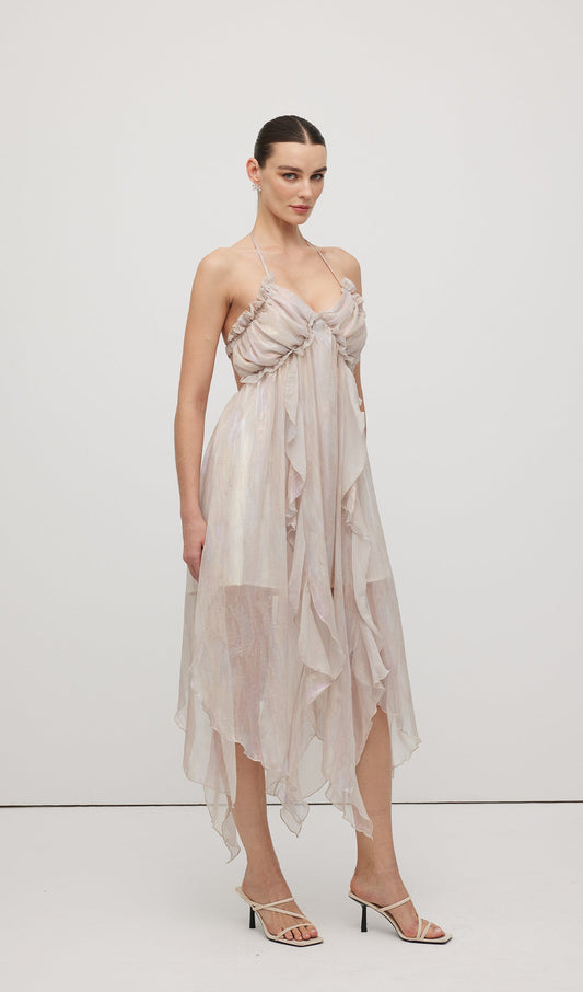Halter Tulle Pleated Midi Dress