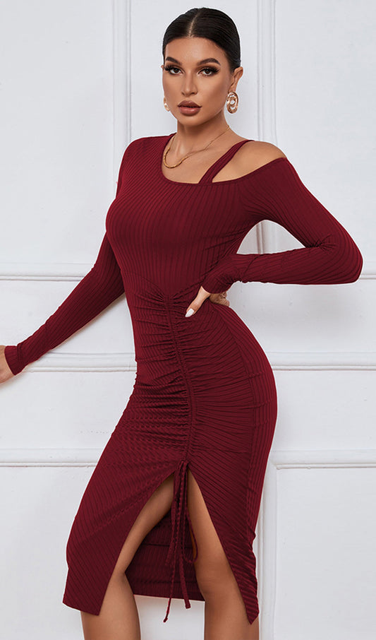 Solid Pleats Split Midi Dress