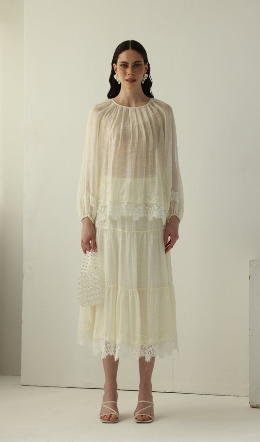 Long Sleeved Lace Panel Midi Skirt