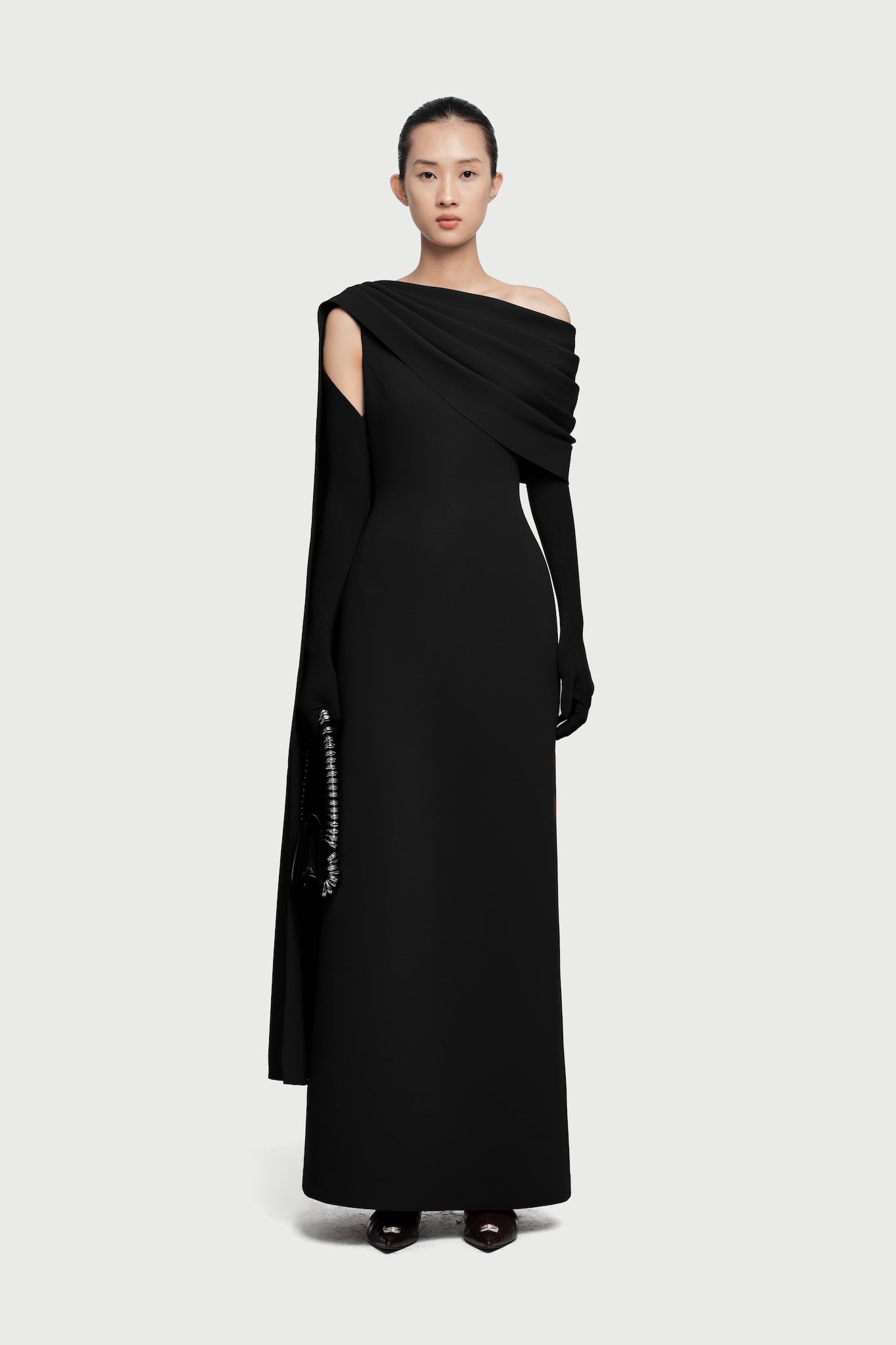Half-Wrap Cape-Style Back-Slit Gown Dress