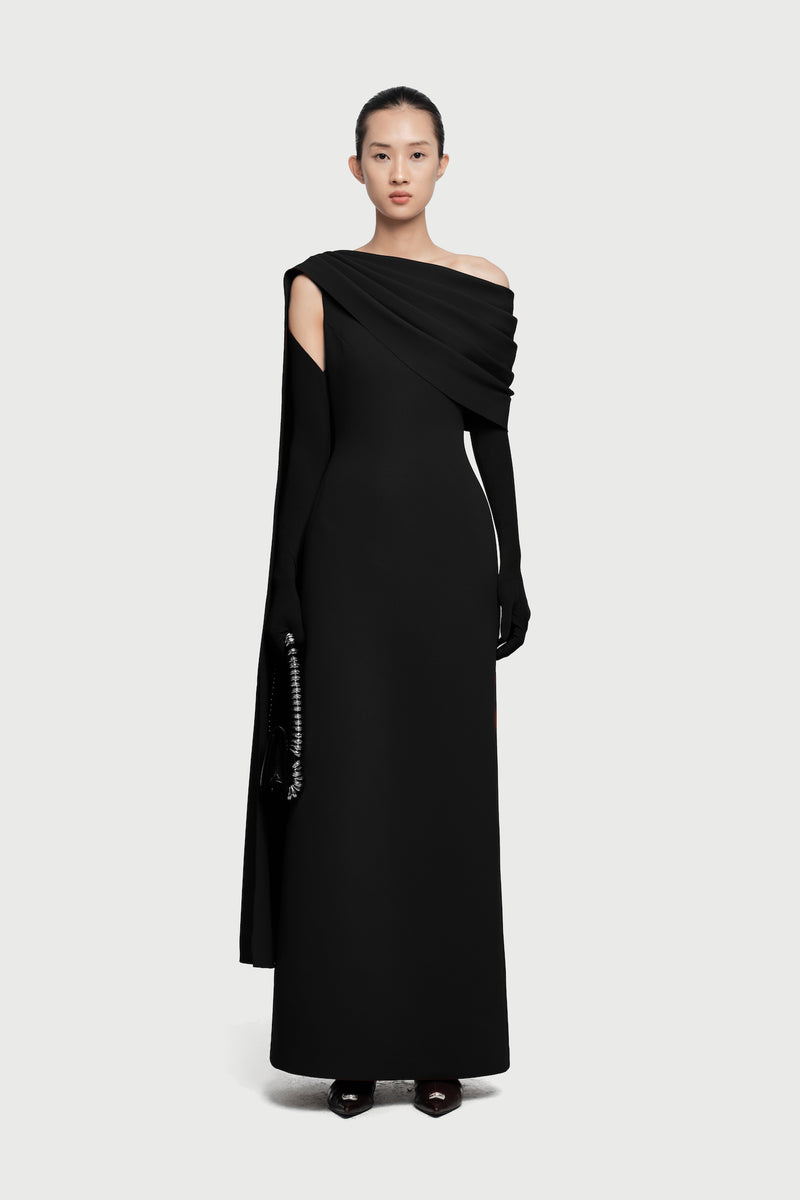 Half-Wrap Cape-Style Back-Slit Gown Dress