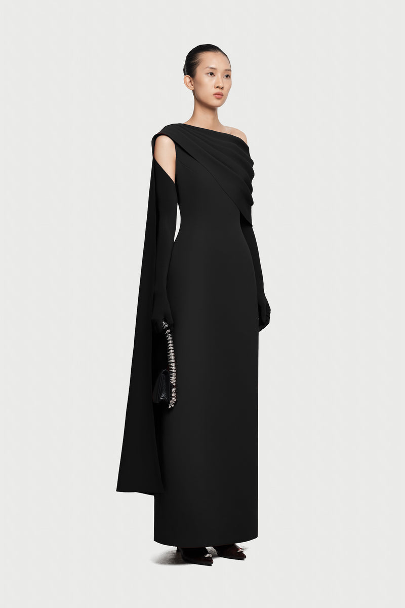 Half-Wrap Cape-Style Back-Slit Gown Dress