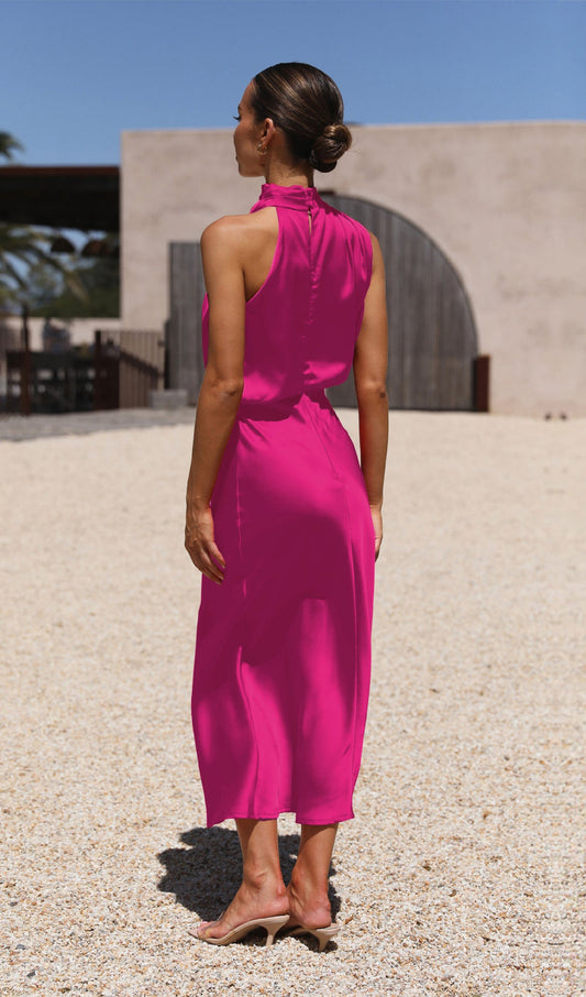 Asymmetric Satin Midi Dress Rose Red