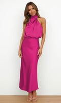 Asymmetric Satin Midi Dress Rose Red