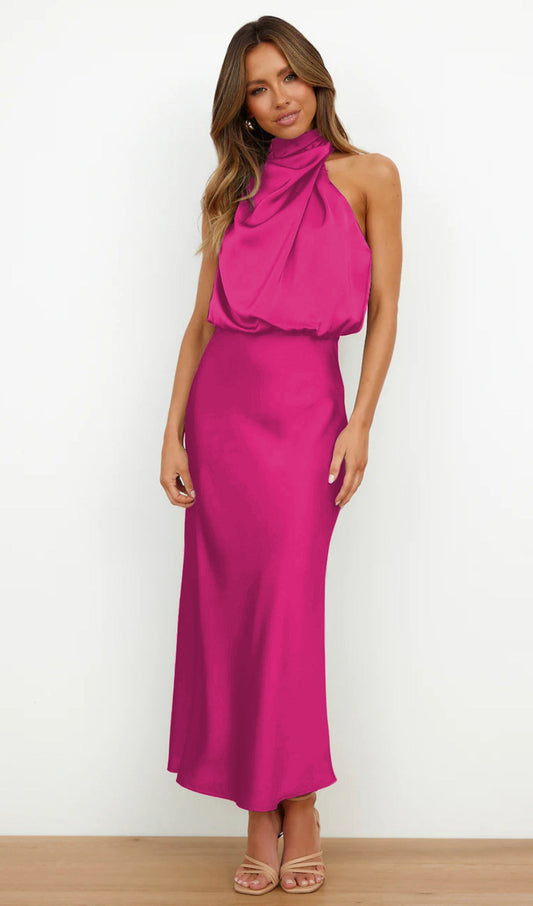 Asymmetric Satin Midi Dress Rose Red