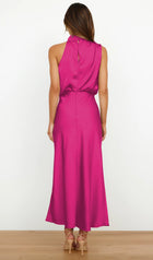 Asymmetric Satin Midi Dress Rose Red