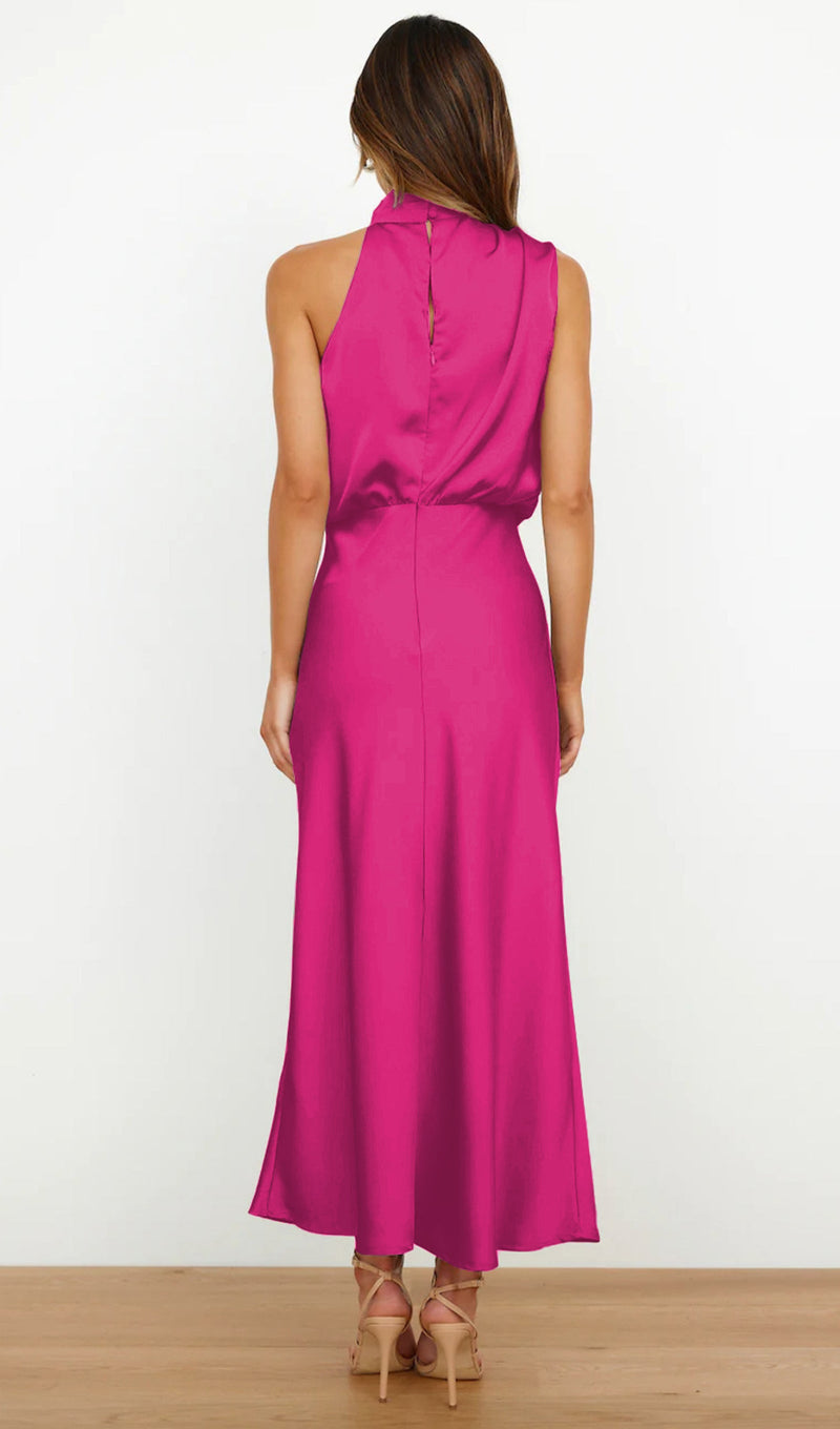 Asymmetric Satin Midi Dress Rose Red