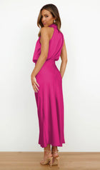 Asymmetric Satin Midi Dress Rose Red