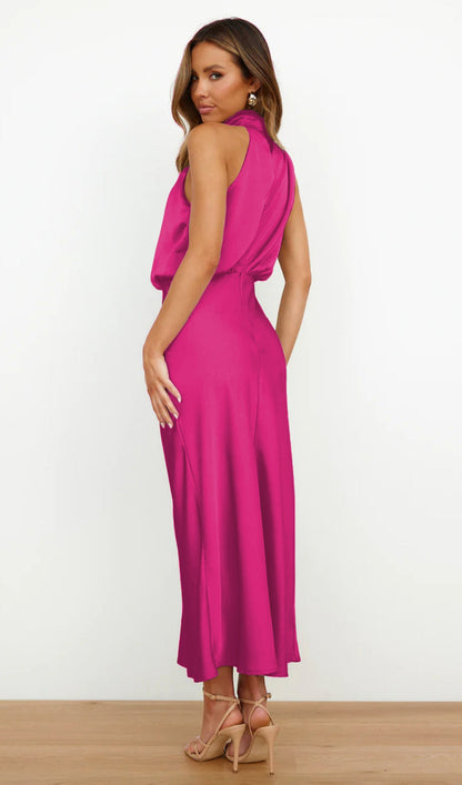 Asymmetric Satin Midi Dress Rose Red