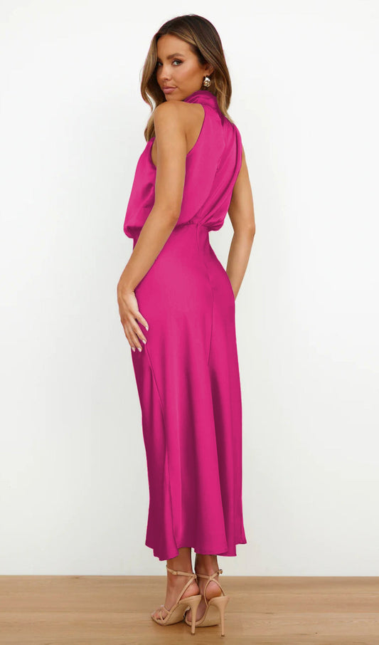 Asymmetric Satin Midi Dress Rose Red