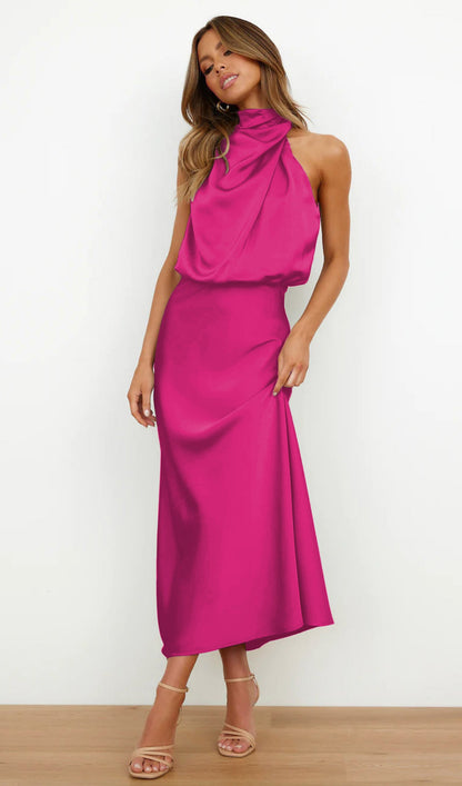 Asymmetric Satin Midi Dress Rose Red