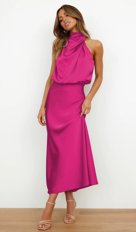 Asymmetric Satin Midi Dress Rose Red