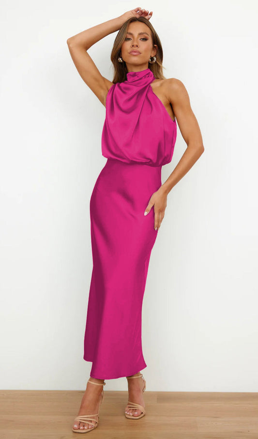 Asymmetric Satin Midi Dress Rose Red