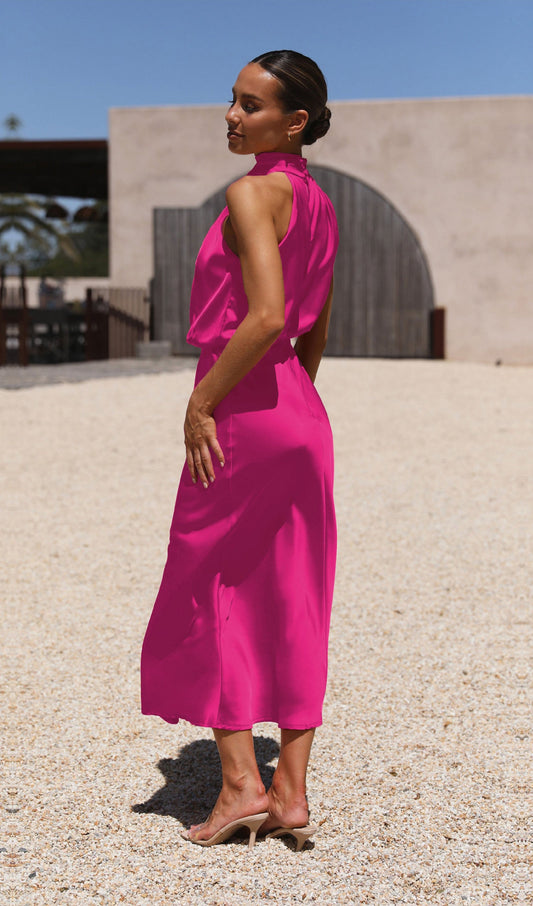Asymmetric Satin Midi Dress Rose Red