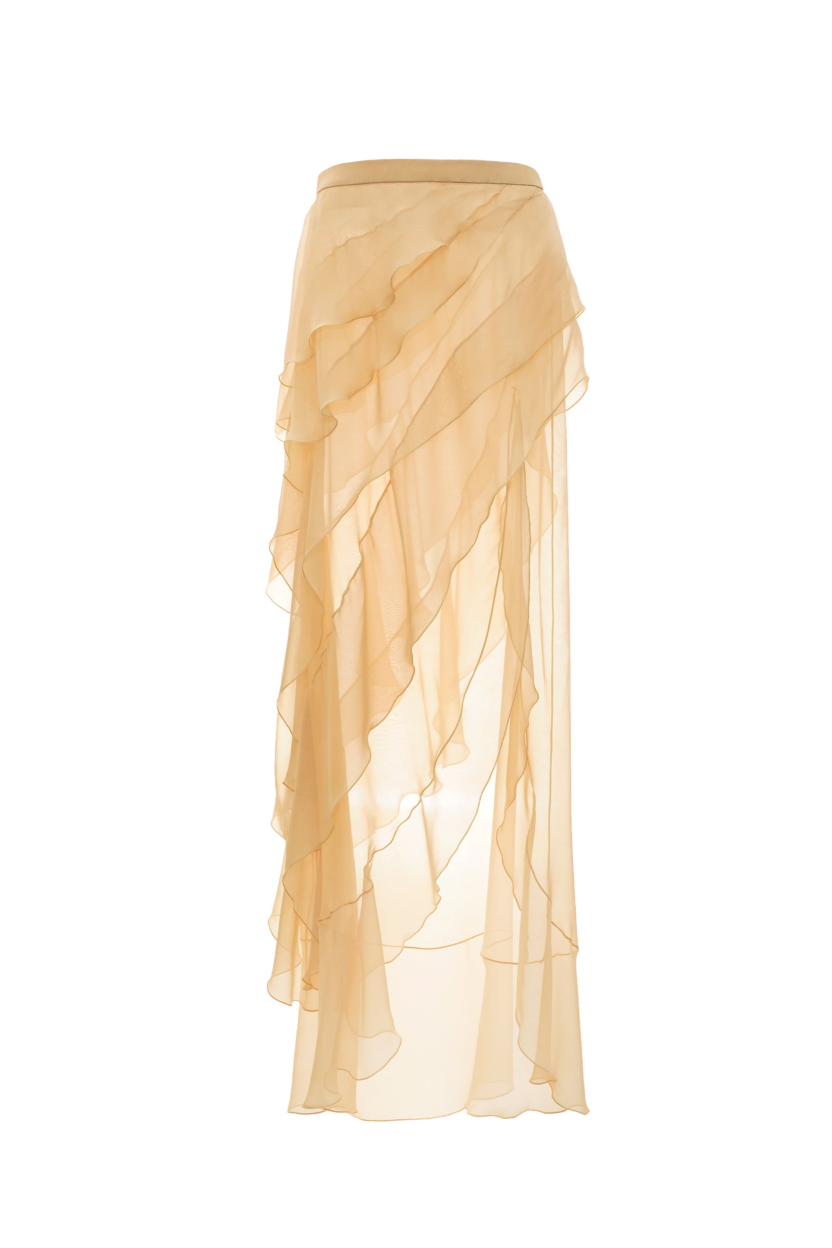 Off-Shoulder Multi-Layer Asymmetric-Ruffle Long-Sleeve Top and Side-Slit Skirt Chiffon Two-Piece Set