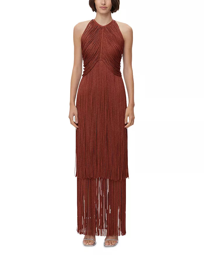 Crew-Neck Sleeveless Metallic Draped Fringe Dress