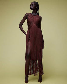 Crew-Neck Sleeveless Metallic Draped Fringe Dress