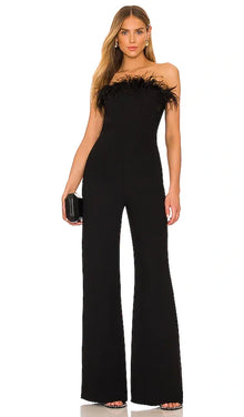 Bandeau Ostrich Feather Trim Bodycon Flare Leg Jumpsuit