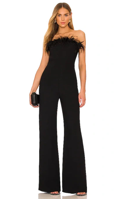 Bandeau Ostrich Feather Trim Bodycon Flare Leg Jumpsuit