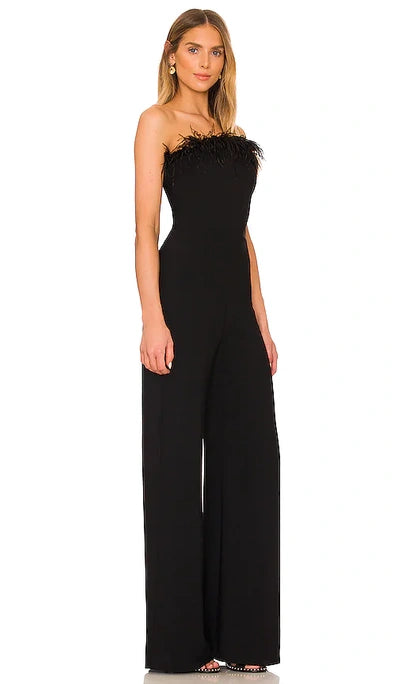 Bandeau Ostrich Feather Trim Bodycon Flare Leg Jumpsuit