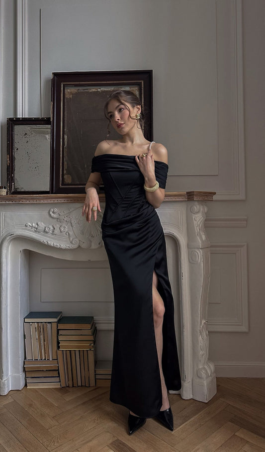 Satin Off Shoulder Diagonal Boning Maxi Dress