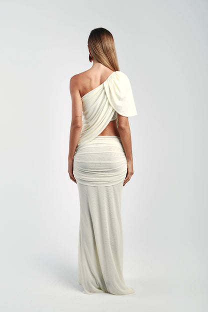 Asymmetrical Shoulder Knit Top & Draped Waist Skirt Set