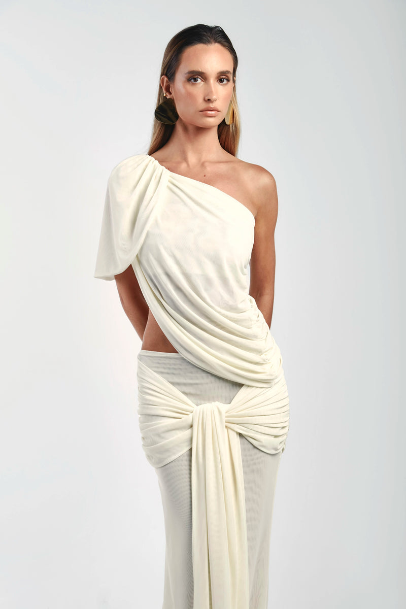 Asymmetrical Shoulder Knit Top & Draped Waist Skirt Set