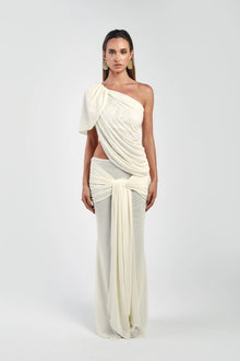 Asymmetrical Shoulder Knit Top & Draped Waist Skirt Set