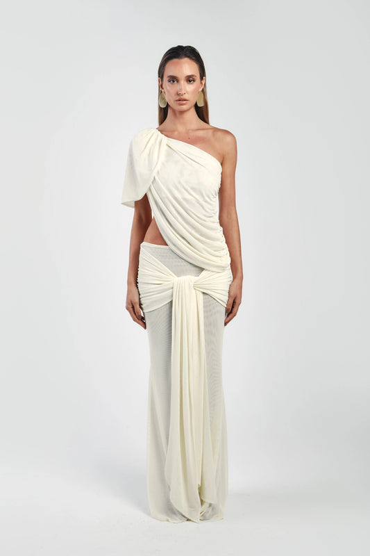 Asymmetrical Shoulder Knit Top & Draped Waist Skirt Set