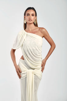 Asymmetrical Shoulder Knit Top & Draped Waist Skirt Set