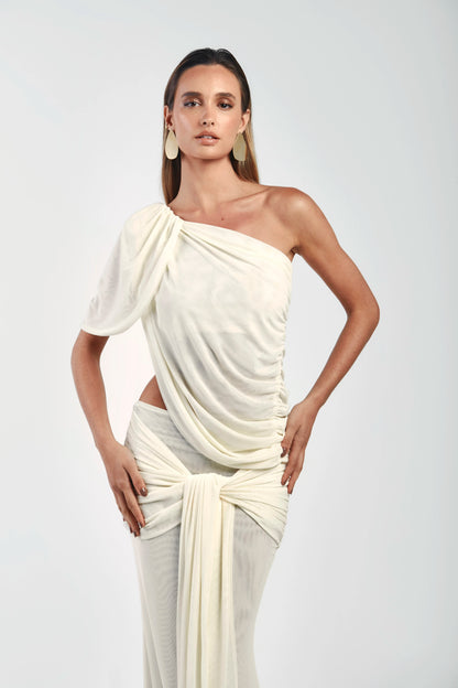 Asymmetrical Shoulder Knit Top & Draped Waist Skirt Set