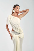 Asymmetrical Shoulder Knit Top & Draped Waist Skirt Set