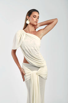 Asymmetrical Shoulder Knit Top & Draped Waist Skirt Set
