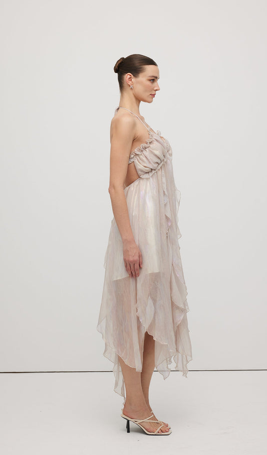 Halter Tulle Pleated Midi Dress
