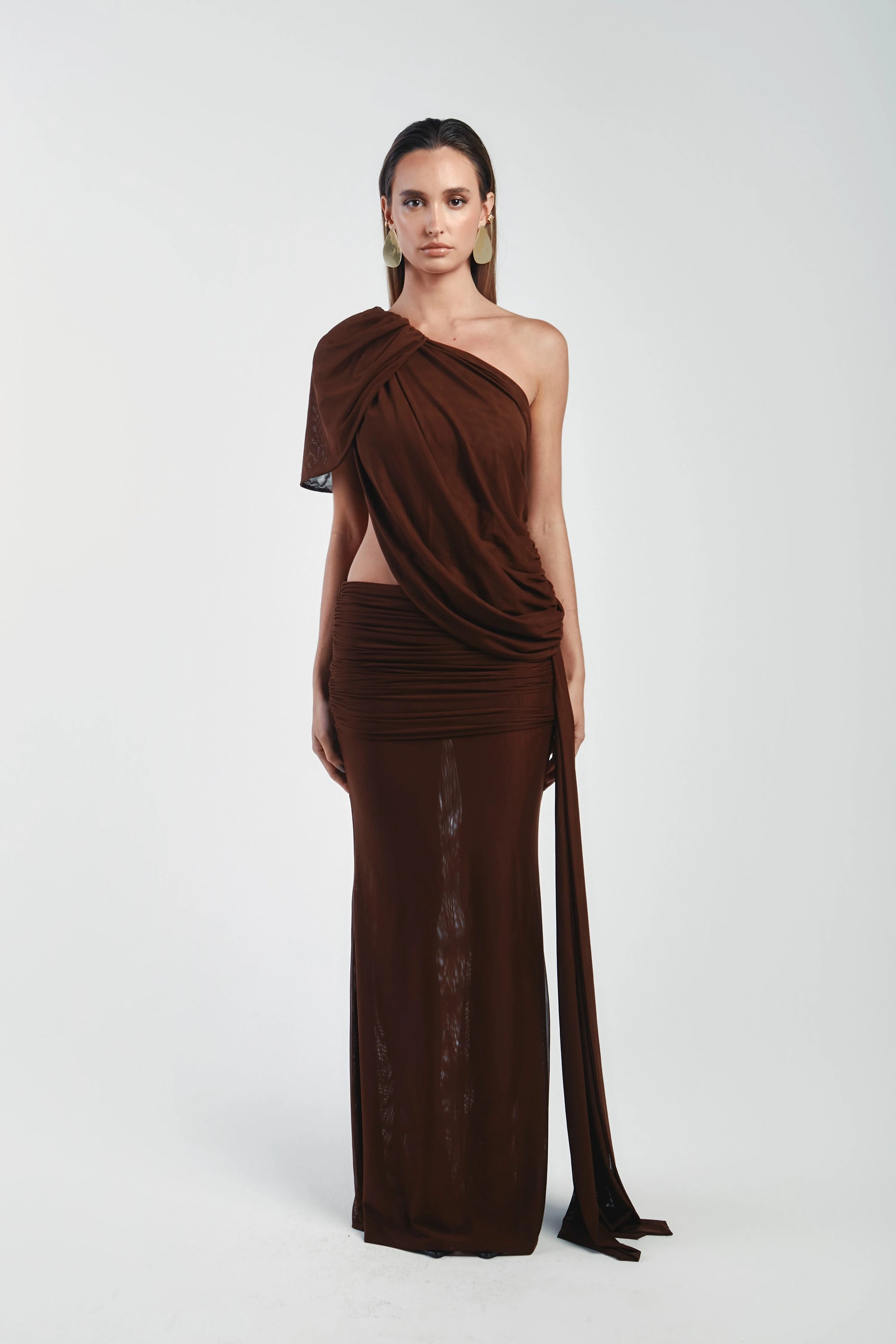 Asymmetrical Shoulder Knit Top & Draped Waist Skirt Set